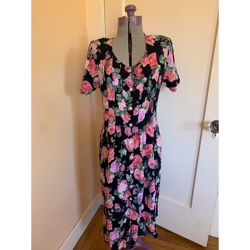 La Cera Vintage Floral Rayon Maxi Dress XL Black Pink Rose Short Sleeve Button